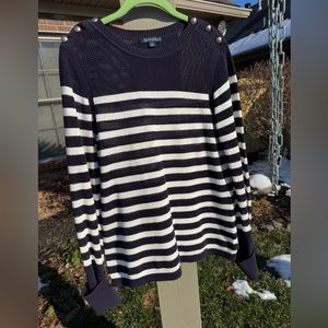 Womens’s Tommy Hilfiger~Size L~Navy & White~Loose Knit Sweater~Gold Buttons~UC